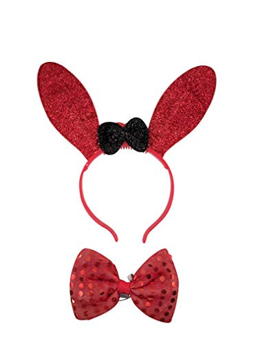LED Light Up Flashing Bunny Ears and Bow Tie Combo  Red