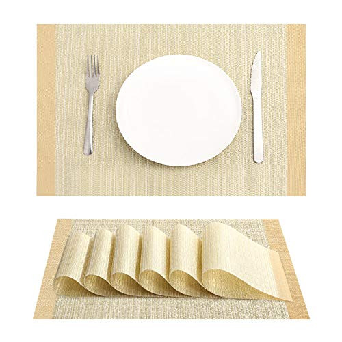 Tangyuan Vinyl Woven Farmhouse Placemats for Dining Table Set of 6 Place Mats Indoor Dining Washable Wipeable Modern Non Slip Place mats for Kitchen Dinner Table Stain Resistant Table Mats  Golden