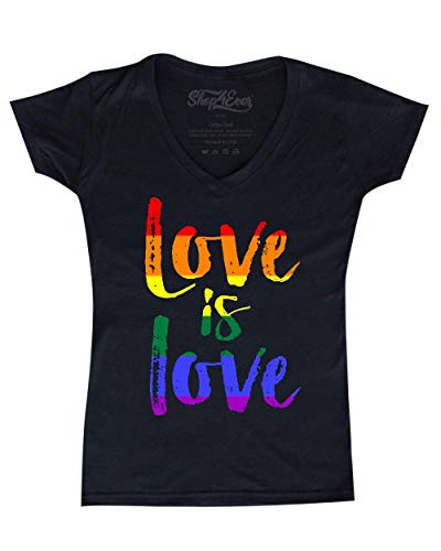 shop4ever Love is Love Womens V-Neck T-Shirt Gay Pride Shirts X-Small Black 0