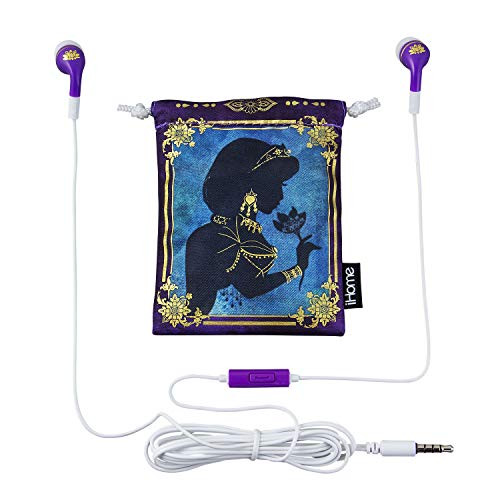 eKids Disney Princess Jasmine Earbud  and  in-Ear Headphones Aladdin Wired Earbuds with Microphone Ear Buds with Pouch for Fans of Aladdin Merch  and  Princess Jasmine Gifts