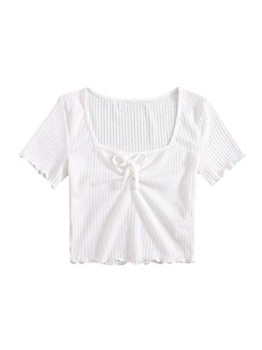 MakeMeChic Womens Solid Tee Ruch Front Lettuce Trim Short Sleeve Crop Top White M