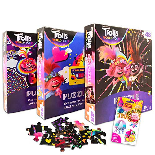 DreamWorks Trolls Jigsaw Puzzle for Kids Bundle Trolls World Tour Activity Set - 3 Pack Trolls Jigsaw Puzzles 48 Piece Each with Trolls Stickers  Trolls Toys