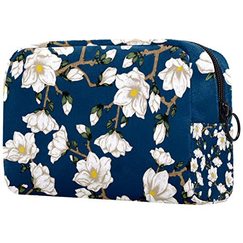 Small Makeup Bag for Purse Travel Makeup Pouch Mini Cosmetic Bag for Women Girls White beautiful flowers