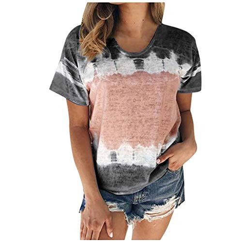 FarJing Womens T ShirtSummer O-Neck Tie-Dye Patchwork Short Sleeve Tops Casual Loose Tunic Tee Blouse S-5XL D-Black