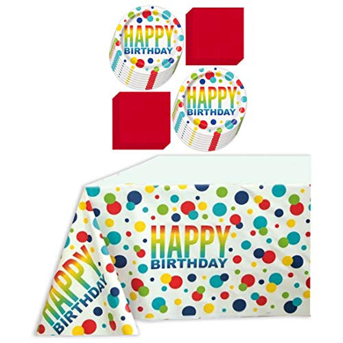 Polka Dots Birthday Party Supplies - Colorful Red and Black Happy Birthday Supplies  Colorful Dots Paper Dessert Plates Beverage Napkins and Table Cover  Serves 16