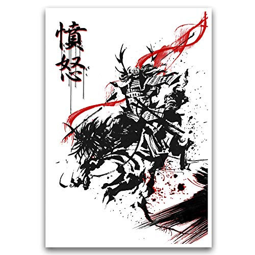 Samurai warrior on horse art japanese splatter style ink art print Kanji for fury