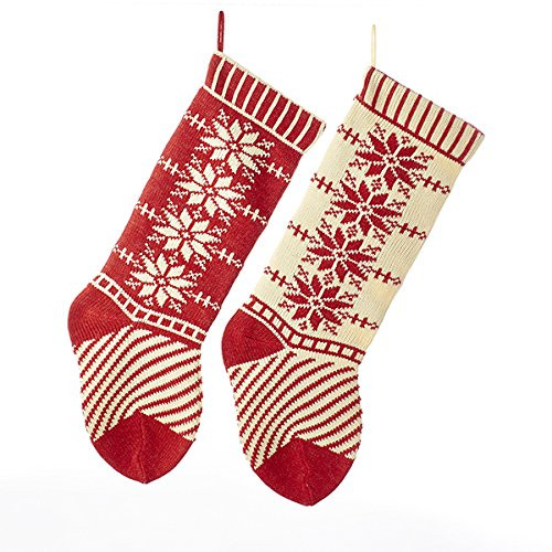 Kurt Adler Red and Ivory Heavy Knit Snowflake and Stripe Stockings 2 Assorted