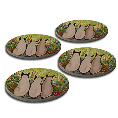 Drink Coasters Round Stone - Three Siamese Cats in Garden Art by Denise Every Gift Set