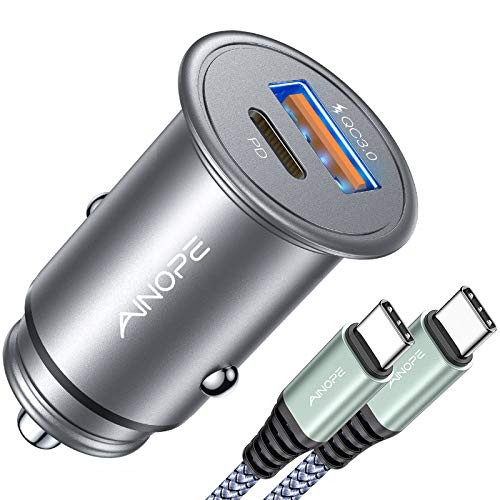 USB C Car Charger Super Mini AINOPE All Metal 36W Fast USB Car Charger PD and QC 3.0 Dual Port Car Adapter Compatible with iPhone 12 iPhone 11 Pro Max XR XS Max 8 8P Note 10 S10-Silver