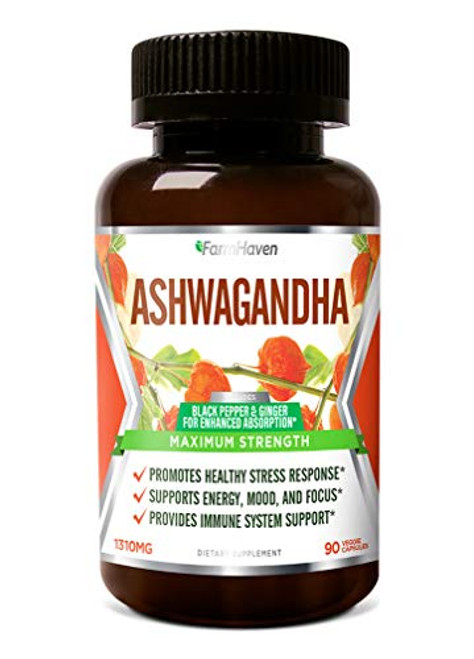 FarmHaven Ashwagandha Capsules with Ginger  and  Black Pepper Extract -1310mg -Organic Ashwagandha Root Powder -Anxiety Relief Stress Relief Mood  and Thyroid Health -Adaptogen -Non-GMO -90 Veggie Capsules