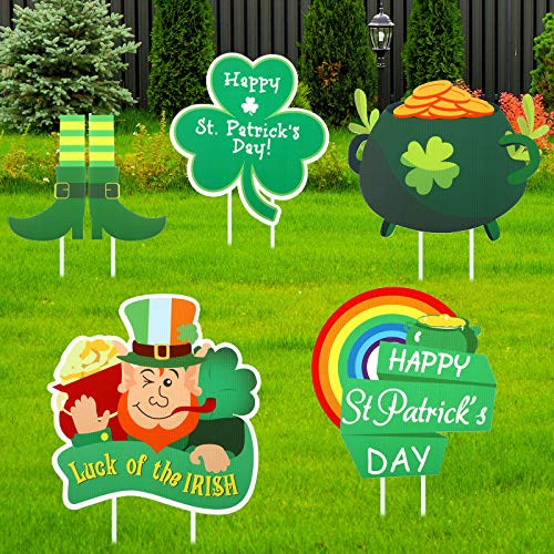 Jetec 5 Pieces St. Patricks Day Yard Sign Outdoor Lawn Decoration Irish Leprechaun Horseshoe Shamrock Yard Sign with Stakes St. Patricks Day Garden Outdoor Decorations