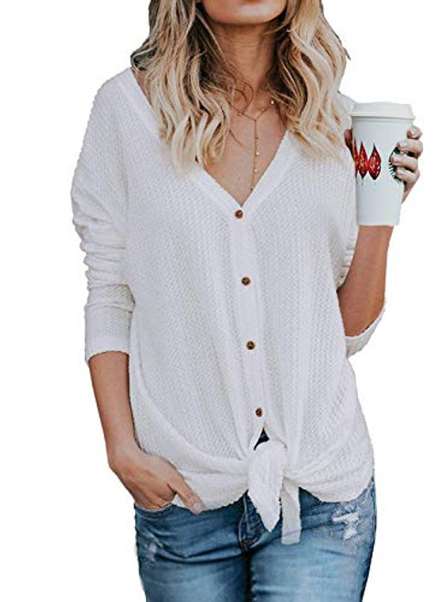 Narvokey Womens Waffle Knit Tunic Blouse Tie Knot Henley Tops V Neck Button Down Henley Shirt Cardigan Loose Fitting Blouse (XL, White)