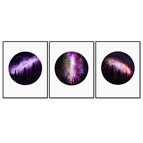 Galaxy Landscape Forest Mountain Wall art Art print Home decor Watercolor Art Stars Nature Watercolor Print SET of 3 8x10 Inch Unframed