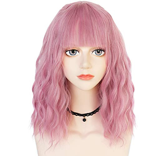 Anogol Hair Capplus Pink Cosplay Wig with Bangs Bob Short Wavy Wigs for Women Fancy Dress Hair Anogol Hair Capplus Pink Cosplay Wig with Bangs Bob Short Wavy Wigs for Women Fancy Dress Hair