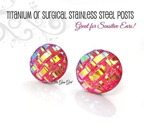 12mm Red Rainbow Crystal Stud Earrings - Titanium or Surgical Stainless Steel Posts Nickel Free for Sensitive Ears - Iridescent Color Shifting Faux Druzy Earrings