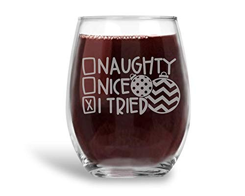 Naughty Nice I Tried Santa List Stemless Wine Glass Funny Christmas Gift - 21 oz
