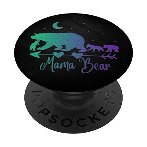 Purple and Green Mama Bear and Three Cubs On Black PopSockets PopGrip Swappable Grip for Phones  and  Tablets
