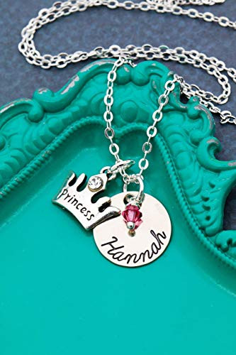 Personalized Girls Princess Necklace - Custom Name Birthstone Color - Handstamped 5 8 Inch Disc- Party Favor Jewelry - DII AAA