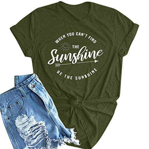 Mikilon Women s Sunshine T-Shirt Cute Letter Print Short Sleeve Tee Top Funny Graphic T-Shirt Army Green