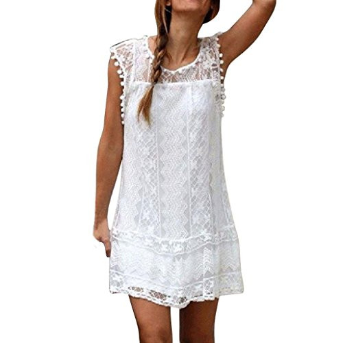 Women Casual Lace Dress Tassel Sleeveless Short Dresses Beach Mini Sundress  White L