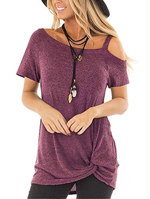 TEMOFON Womens Shirts Cold Shoulder Tops Summer Short Sleeve Casual Twist Knot Blouse T-Shirt Wine Red L TEMOFON Womens Shirts Cold Shoulder Tops Summer Short Sleeve Casual Twist Knot Blouse T-Shirt Wine Red L