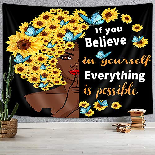 Black Girl Tapestry African Women Hair Decor with Sunflowers Butterflies and Inspirational Quotes Wall Tapestry Tapestry Wall Hanging for Bedroom Living Room Dorm TV Background 71X60IN Black Girl Tapestry African Women Hair Decor with Sunflowers Butterflies and Inspirational Quotes Wall Tapestry Tapestry Wall Hanging for Bedroom Living Room Dorm TV Background 71X60IN