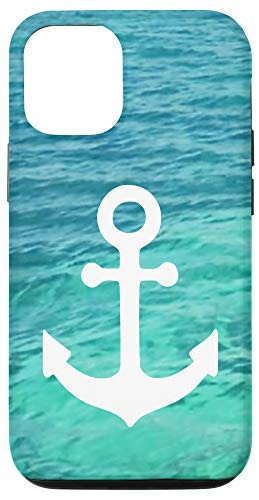 iPhone 12 12 Pro white nautical boating Anchor on blue green sea sailor cute Case