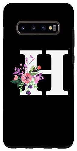 Galaxy S10plus  pretty rose floral monogram white letter H cute pink flowers Case