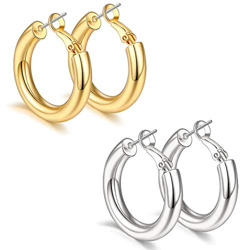 sovesi Gold Hoop Earrings for Women 14K Gold Plated 2 Pairs Chunky Hoop Earrings for Women Gold30mm Silver30mm