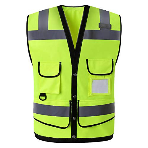 Multi Pockets Class 2 High Visibility Zipper Front Safety Vest With Reflective Strips.Meets ANSI ISEA Standards  L Fluorescent yellow black