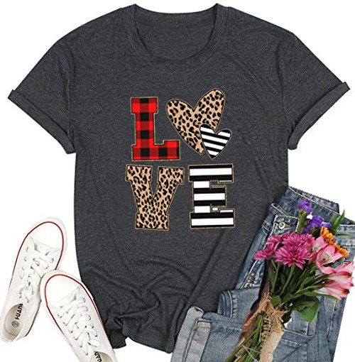 Plaid Leopard Printed Love Heart t-Shirt Valentines Day Shirts Women Valentines t Shirt for Women Leopard Print Heart Shirt  Grey 3 XL