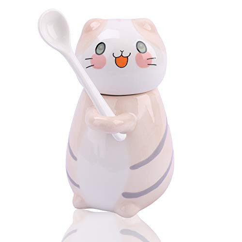 Cute Cat Mugs Funny Ceramic Coffee Mug 9 oz Kitty Tea Cup Cat Coffee Mugs with Spoon and Lid Novelty Valentines Day Birthday Gift for Cat Lovers Coffee Lovers - Cream