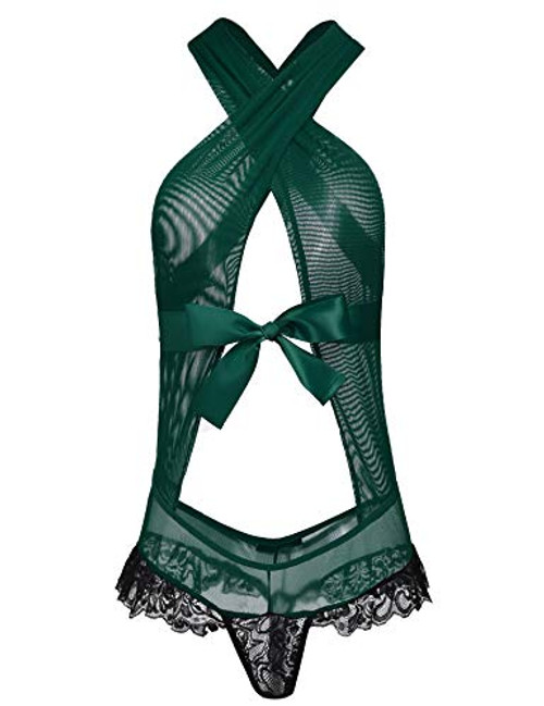 ADOME Teddy Bodysuit Mesh Lingerie Women Deep V Bodysuit One Piece Teddy Lace Babydoll Mini Bodysuit Dark Green
