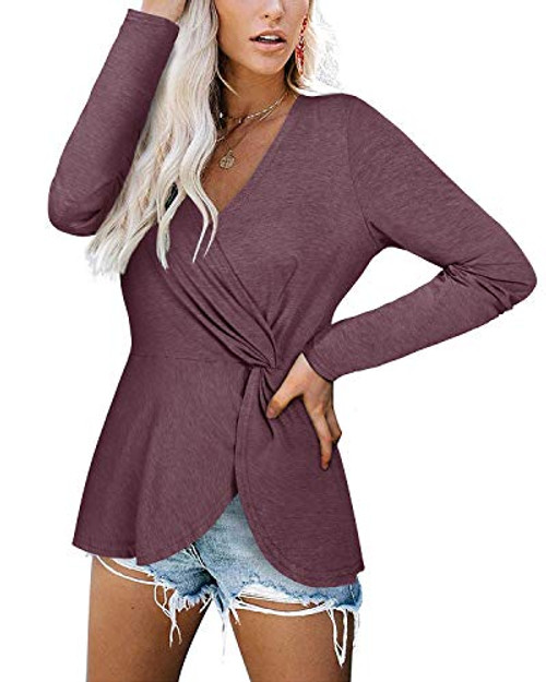 VOTEPRETTY Womens Casual Long Sleeve Wrap Shirt V-Neck Twist knotted Tunic Blouse Tops Dark redXL VOTEPRETTY Womens Casual Long Sleeve Wrap Shirt V-Neck Twist knotted Tunic Blouse Tops Dark redXL
