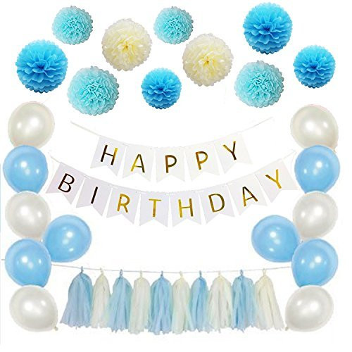 Happy Birthday Decoration Set - Banner with Paper Pom Poms Flower, Tassel Garland and Balloon for Birthday Party Decorations - 41 Pack, Blue, Sky Blue and White Happy Birthday Decoration Set - Banner with Paper Pom Poms Flower, Tassel Garland and Balloon for Birthday Party Decorations - 41 Pack, Blue, Sky Blue and White