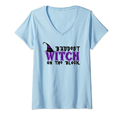 Womens Halloween Funny Gift - Baddest Witch On The Block V-Neck T-Shirt