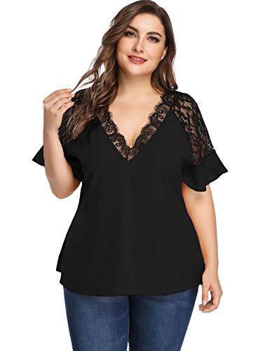 Romwe Womens Plus Size Summer Short Sleeve Lace V Neck Flounce Lace Blouse Black 2XL