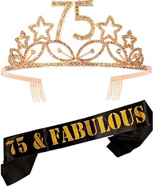 75th Birthday Gifts for Woman 75th Birthday Tiara and Sash Gold HAPPY 75th Birthday Party Supplies 75  and  Fabulous Glitter Satin Sash and Crystal Tiara Birthday Crown for 75th Birthday Party Supplies 75th Birthday Gifts for Woman 75th Birthday Tiara and Sash Gold HAPPY 75th Birthday Party Supplies 75  and  Fabulous Glitter Satin Sash and Crystal Tiara Birthday Crown for 75th Birthday Party Supplies