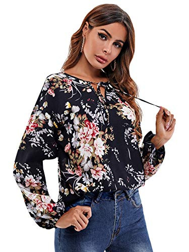 Romwe Womens Floral Lantern Long Sleeve Tie Knot Neck Workwear Blouse Shirts Tops Black L