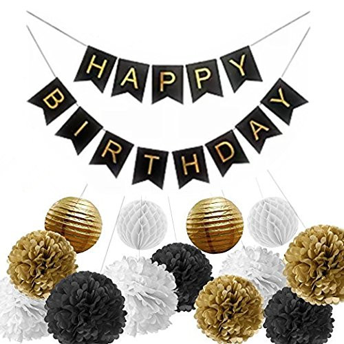 Black and Gold Birthday Party Decorations with Birthday Banner for 30th, 40th, 50th, 60th, 70th, 80th Birthday