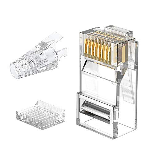 CAT6 3-Piece RJ45 Connectors with Strain Relief Boot - Aucas Ethernet Connector Gold-Plated 8P8C UTP Network Plug for Solid Wire  and  Standard Cable Transparent RJ 45 Ends with Hood 50-Pack