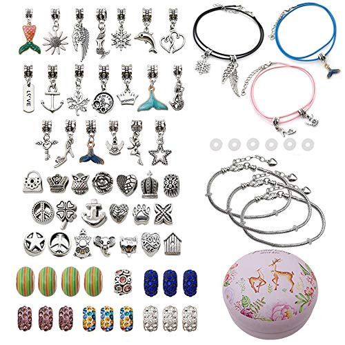 DIY Charm Bracelet Making Kit 70 Pieces Jewelry Making Kit Charm Bead Kits for Bracelets Snake Chain Bracelets for Girls