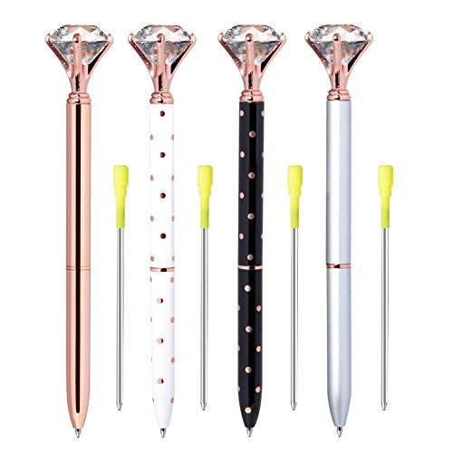 ALLPEN 4Pcs Rose Gold Pens with Big Diamond Crystal Metal Ballpoint Pen with 4Pcs Extra Pen Refills Black Ink for School and Office Supplies