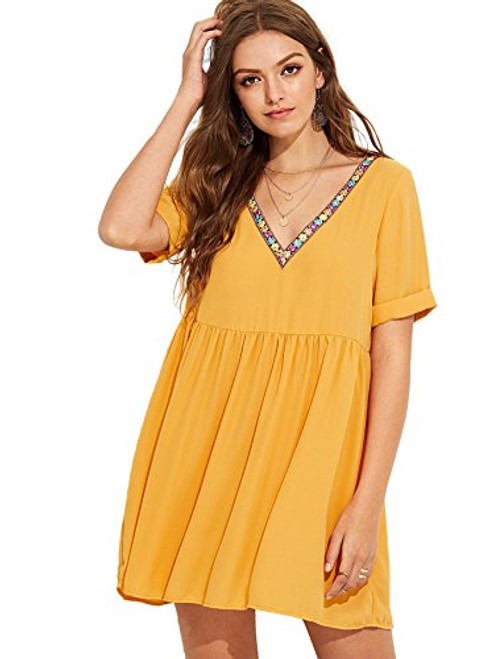 Floerns Womens Summer Tunic Dress V Neck Casual Loose Flowy Swing Shift Dress Yellow S