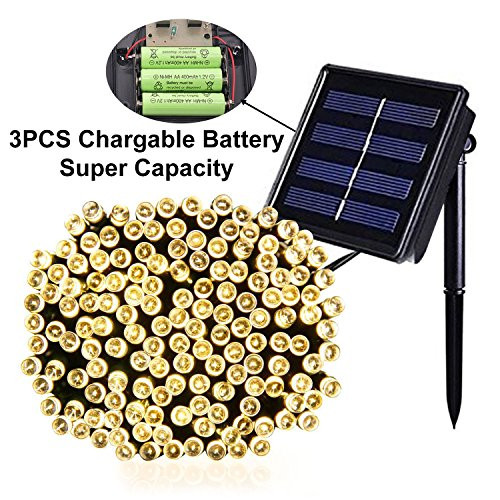 JMEXSUSS Solar String Light 100LED 49.2ft 8 Modes Solar Christmas Lights Waterproof Outdoor Fairy String Lights for Gardens, Homes, Wedding, Party, Christmas tree, Curtains, Outdoors Warm White