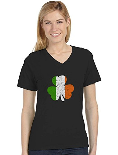 St Patricks Day Shirt Women Shamrock Irish Flag Clover Fitted V Neck T-Shirt Medium Black