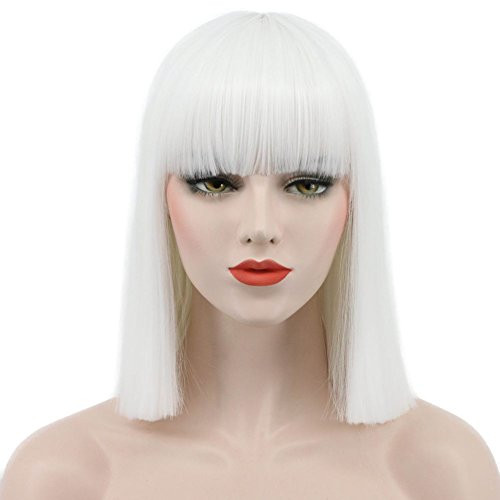 Karlery Women Straight Short Bob White Wig Flat Bangs Halloween Costume Wig Anime Cosplay Wig White
