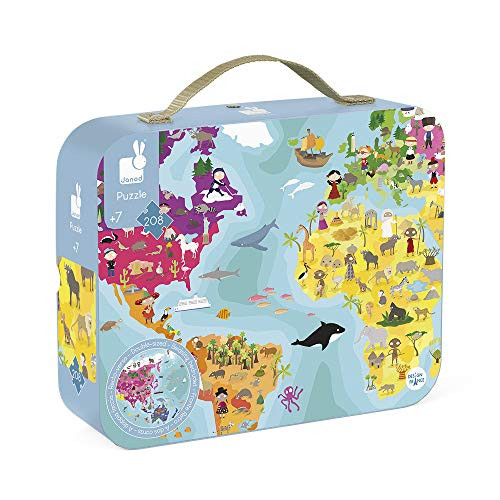 Janod 208-Piece Our Blue Planet 20 Inch Round Double Sided Jigsaw Puzzle  Mini Suitcase for Organized Storage  Cognitive Development  Ages 7plus
