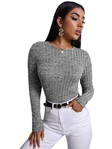Floerns Womens Solid O Neck Long Sleeve Rib Knit Casual Tee Tops Grey M