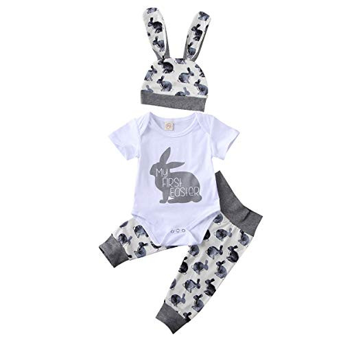 Easter Infant Clothes Baby Boy Girl My First Easter Outfits Bunny Romperplus Pantsplus Rabbit Ears Hat  Gray 12-24 Months